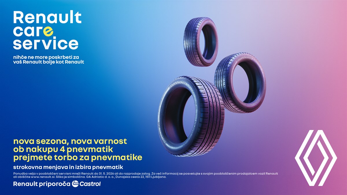 Renault Care Service promocijska slika s tremi pnevmatikami in akcijsko ponudbo.