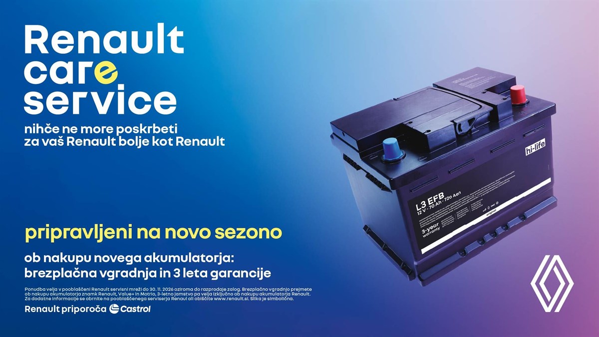 Renault akumulator na modro-vijoličnem ozadju, ponudba Renault Care Service z brezplačno vgradnjo in 3 leti garancije