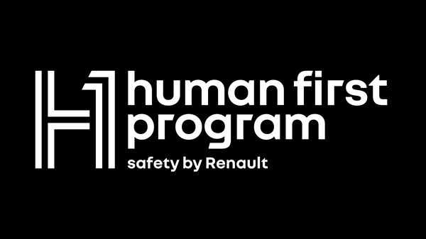 Logotip Human First Program – safety by Renault, na črni podlagi.