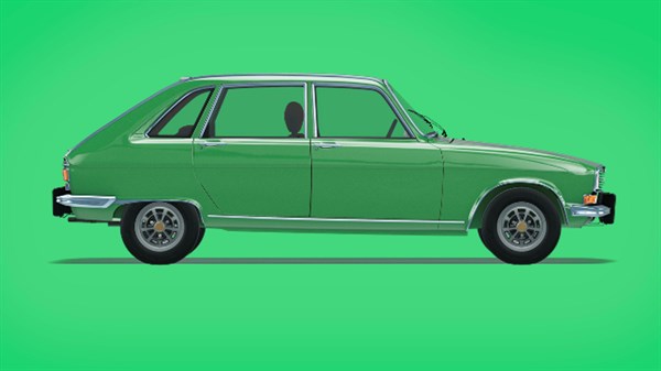 Klasični Renault 16 v zeleni barvi, stranski pogled na zelenem ozadju.