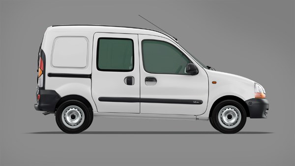 Beli Renault Kangoo, stranski pogled na sivem ozadju.