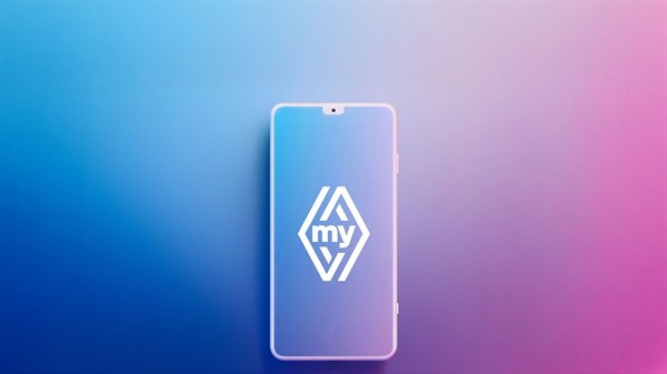 Pametni telefon z aplikacijo My Renault na barvnem prehodnem ozadju.