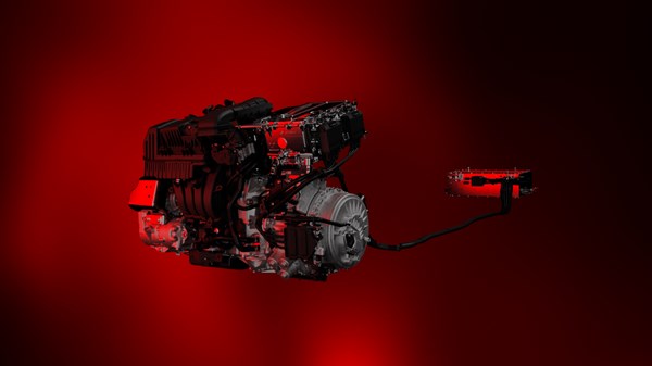 Motor Renault, povezan z električnim modulom na rdečem ozadju.