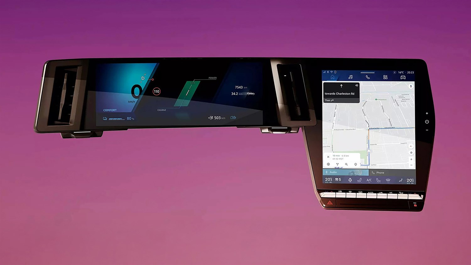 Digitalna instrumentna plošča Renault in osrednji zaslon openR link z navigacijo na vijoličnem ozadju.