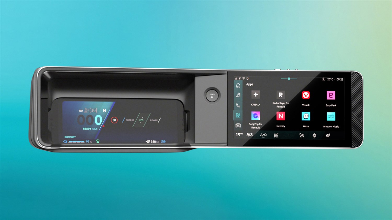 Digitalna instrumentna plošča Renault in osrednji zaslon openR link z menijem aplikacij na modro-zelenem ozadju.