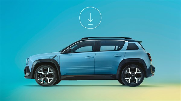 Modro električno vozilo Renault 4 v bočnem pogledu na modro-zelenem ozadju z ikono za prenos nad vozilom.