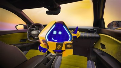 Notranjost vozila Renault z avatarjem reno na armaturni plošči.