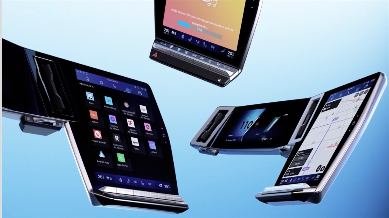 Prikaz več različnih multimedijskih zaslonov Renault, lebdečih na svetlo modrem ozadju.