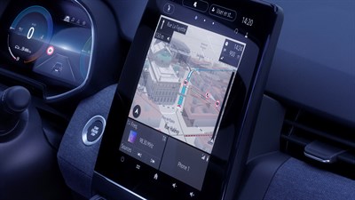 Pogled na sredinski zaslon multimedijskega sistema, ki prikazuje 3D navigacijski zemljevid z navodili za pot.