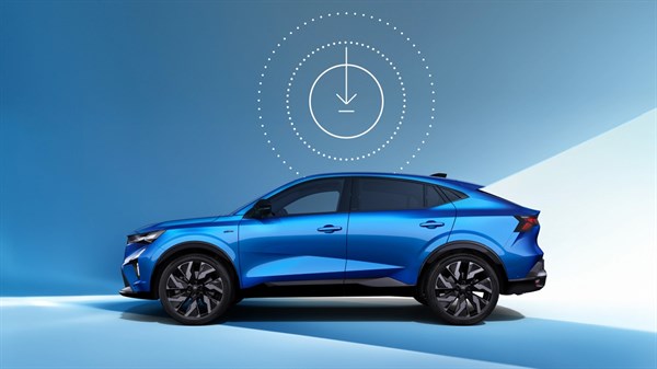 Bočni profil Renault Rafale v modri barvi z grafiko prenosa energije nad vozilom