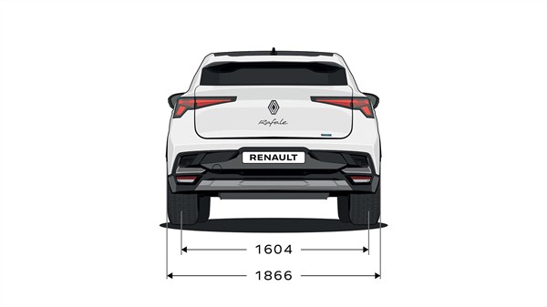 Skica prikazuje zadnji pogled na Renault Rafale z označenimi merami širine.