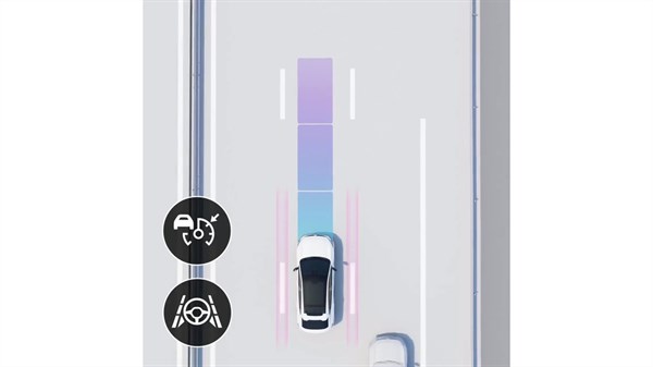 Skica: Grafični prikaz sistema za prilagodljiv tempomat in pomoč pri ohranjanju voznega pasu v Renault Rafale.