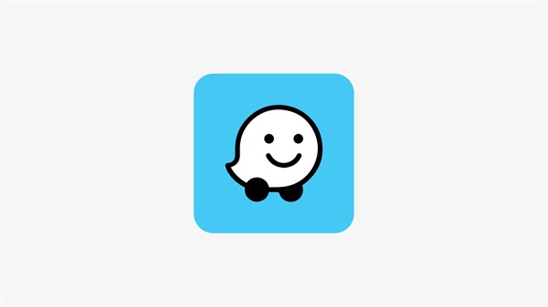 Logotip aplikacije Waze – nasmejan beli oblak z očmi in usti ter dvema črnima kolesoma, na modrem ozadju.