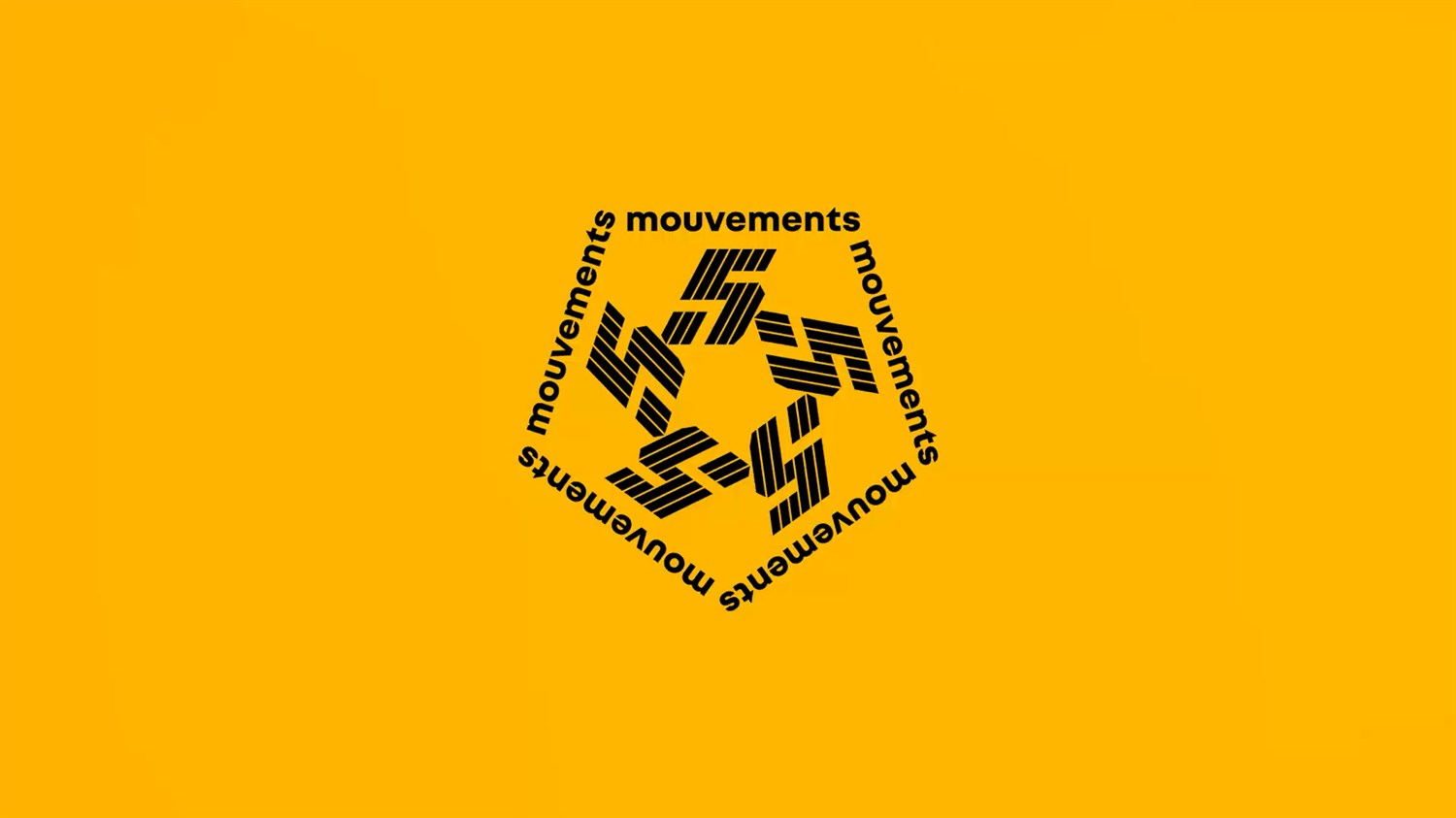 Logotip z napisom "movements" v petkotni obliki na rumeni podlagi.
