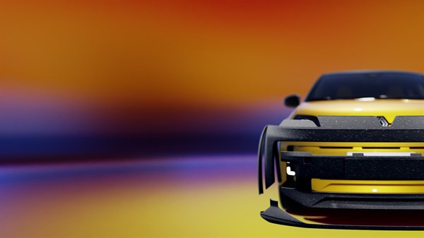Sprednji del športne različice Renault 5 E-Tech z odbijačem, na barvitem ozadju.