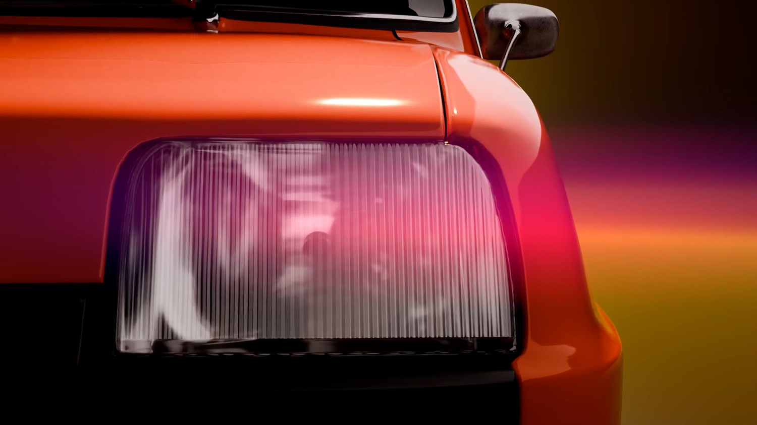 Zbližan pogled na sprednji žaromet klasičnega Renault 5 v oranžni barvi, na barvitem ozadju.