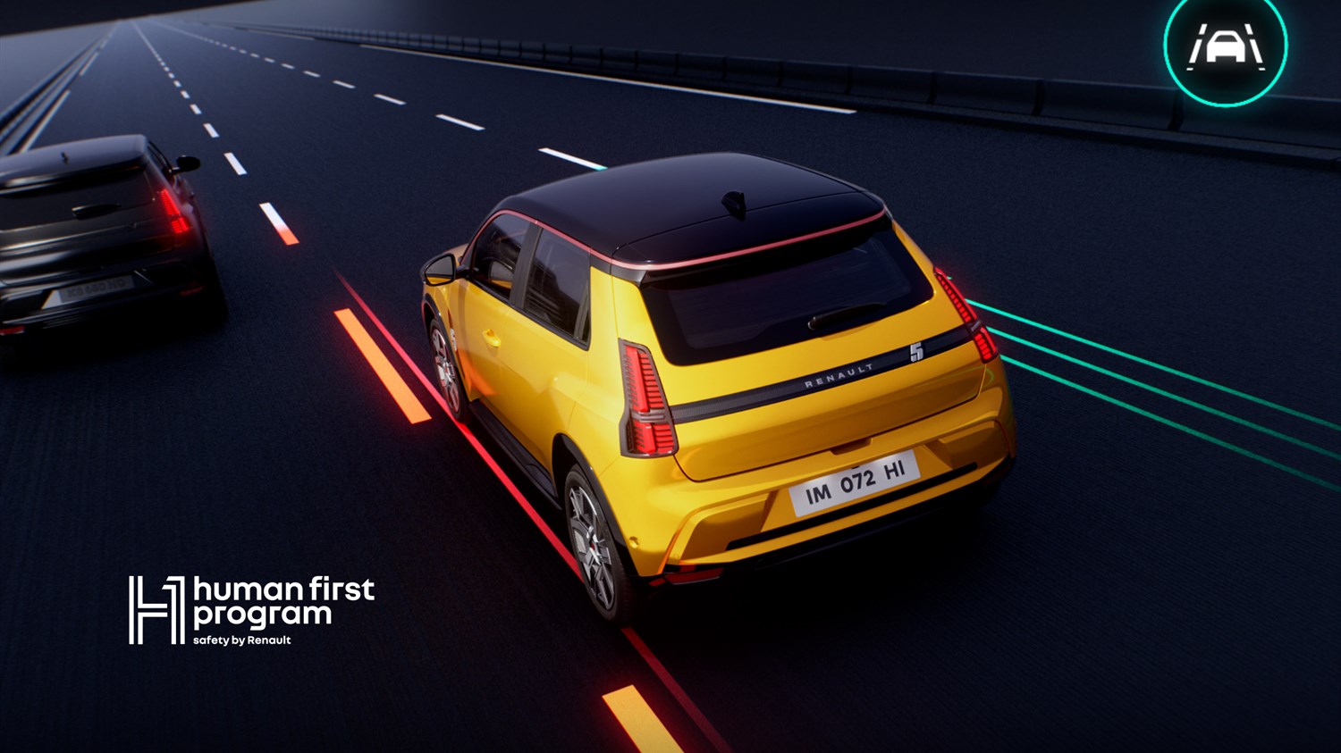 Renault 5 s sistemom za pomoč pri ohranjanju voznega pasu, ki prikazuje aktivno funkcijo pomoči pri ohranjanju voznega pasu v digitalnem okolju.