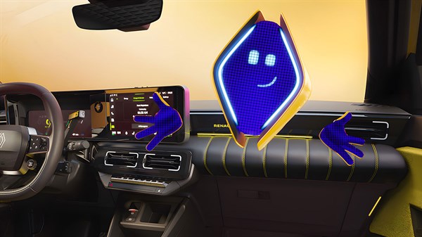 Digitalni avatar Reno, prikazan na armaturni plošči vozila Renault 5, ob multimedijskem sistemu openR link.