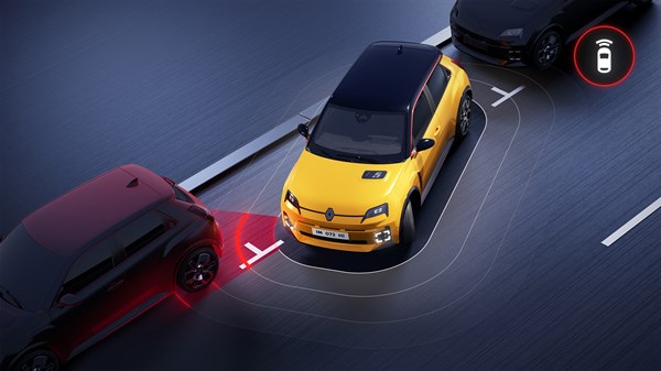 Renault 5 uporablja sistem prednjih parkirnih senzorjev, ki pomaga pri manevriranju in preprečuje trke z ovirami spredaj.
