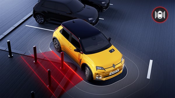 Renault 5 uporablja sistem bočnih parkirnih senzorjev za zaznavanje ovir na straneh vozila in preprečevanje poškodb.