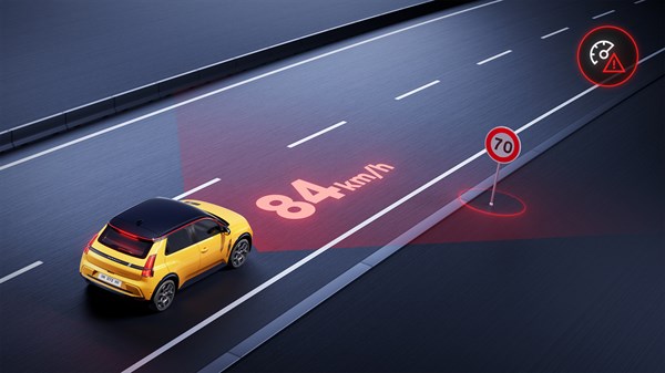 Sistem za prepoznavanje prometnih znakov Renault 5 prepozna omejitve hitrosti in voznika opozori na spremembo hitrosti na cestišču.