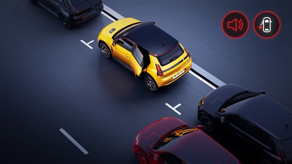 Opozorilnik za varen izstop potnikov v vozilu Renault 5 vas opozori na vozila v bližini, ko se potniki pripravljajo izstopiti.