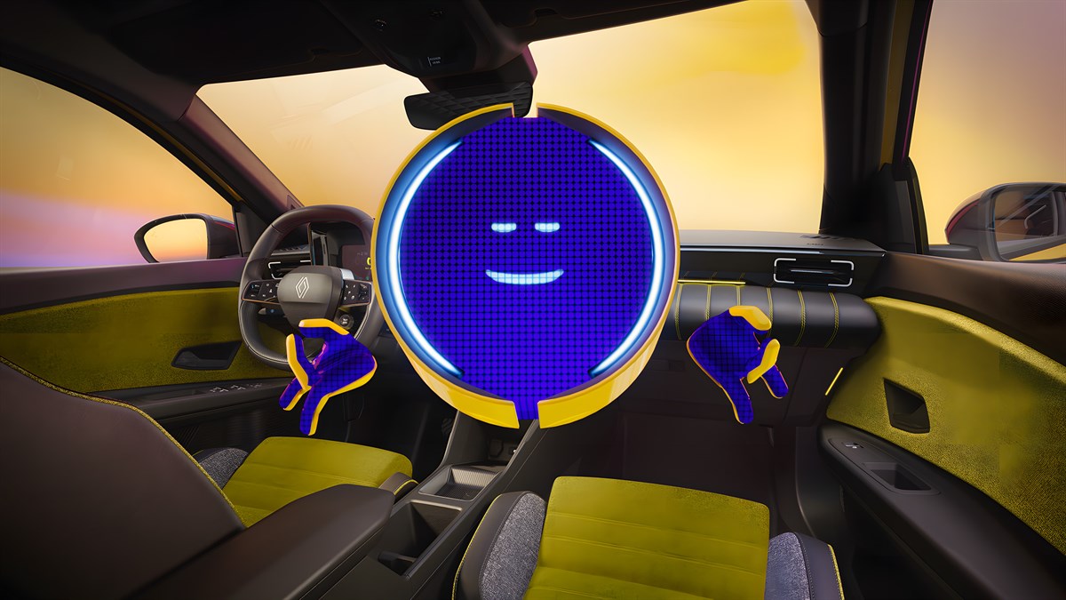 Notranjost vozila Renault, kjer se nahaja animirani lik z ikono za predvajanje.