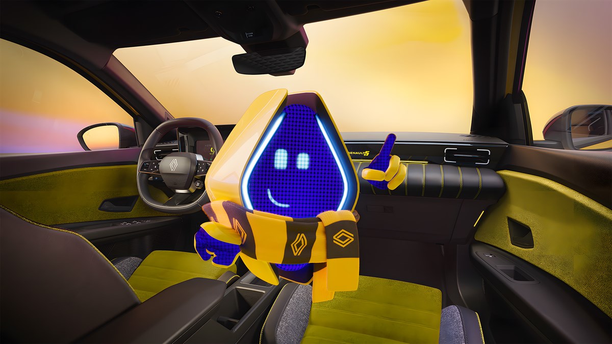 Notranjost vozila Renault, kjer animirani lik z ikono za predvajanje pripomore k bolj učinkovitemu spremljanju dosega in temperature.