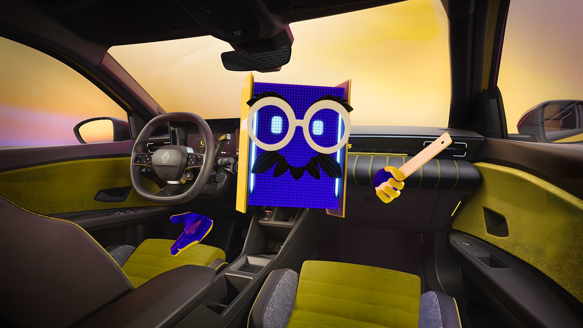 Notranjost vozila Renault s prikazanim animiranim likom.