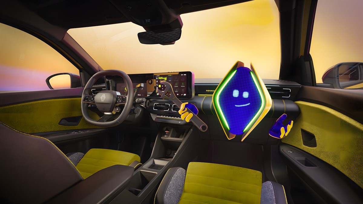 Notranjost vozila Renault s prikazanim animiranim likom.