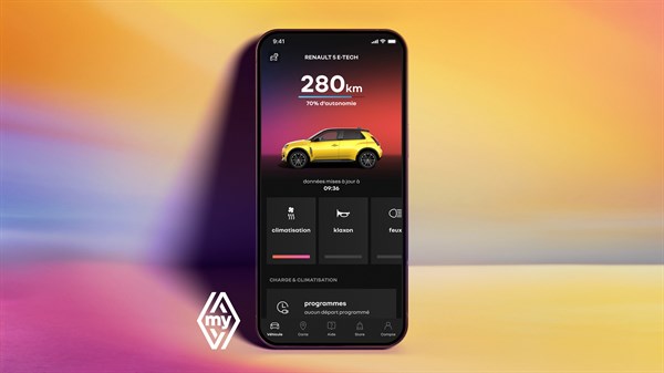 Zaslon aplikacije My Renault z informacijami o dosegu vozila Renault 5.