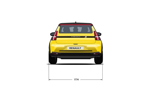 Skica: Zadnji pogled na Renault 5 E-Tech z merami in označbami na zadnjem delu.