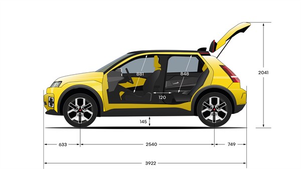 Skica: Bočni pogled na Renault 5 E-Tech z odprtimi vrati in merami.