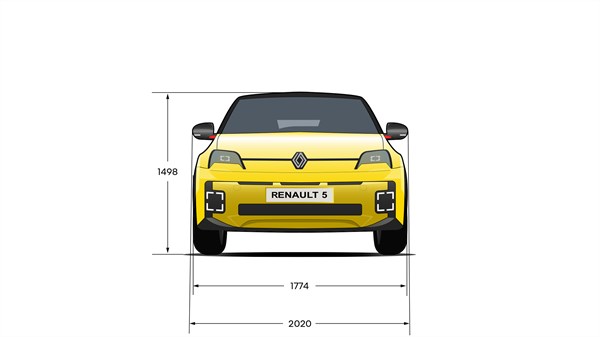 Skica: Sprednji pogled na Renault 5 E-Tech z merami za prednji del vozila.