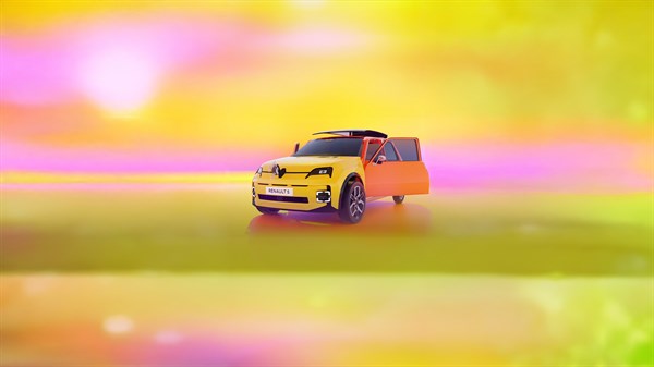 Renault 5 rumene barve z odprtimi vrati, sprednji pogled na barvitem ozadju