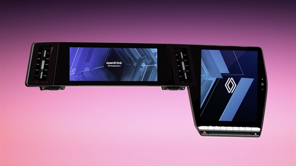 Digitalna armaturna plošča vozila Scenic E-Tech z zaslonoma openR link, prikazana na vijolično ozadje.