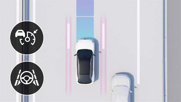 Renault Scenic E-Tech, pogled od zgoraj, med vožnjo po avtocesti s prikazom sistema za ohranjanje voznega pasu in prilagodljivega tempomata.