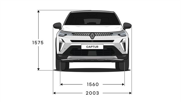 Pogled spredaj na Renault Captur z označenimi merami širine in višine.