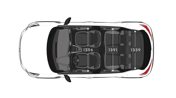 Pogled od zgoraj na Renault Captur z označenimi merami širine notranjosti kabine.