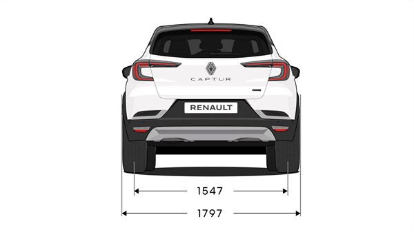 Pogled od zadaj na Renault Captur z označenimi merami zadnje širine vozila.