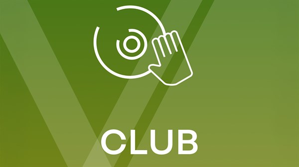 Bela ikona DJ plošče in roke na zelenem ozadju z diagonalnimi črtami, pod katero je napis 'CLUB'.