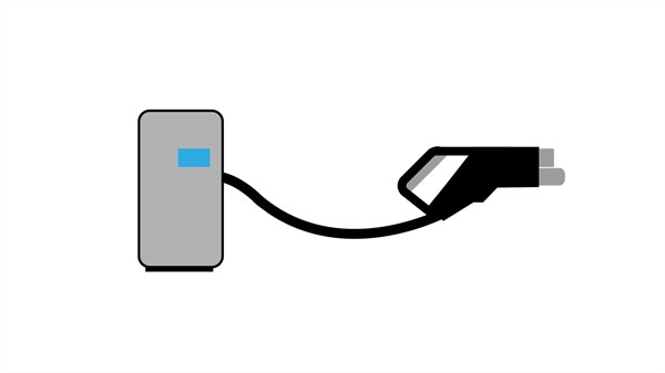 Ilustracija električne polnilne postaje s kablom in priključkom za električno vozilo.
