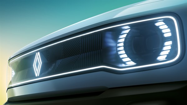 Detajl sprednje maske in LED žarometa Renault 4 E-Tech Electric.
