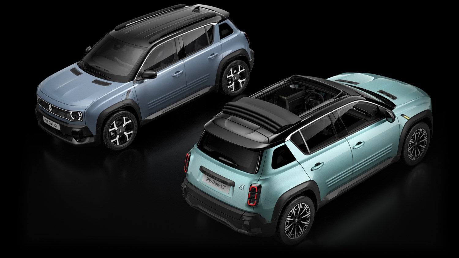 Dve vozili Renault 4 parkirani na temnem ozadju.