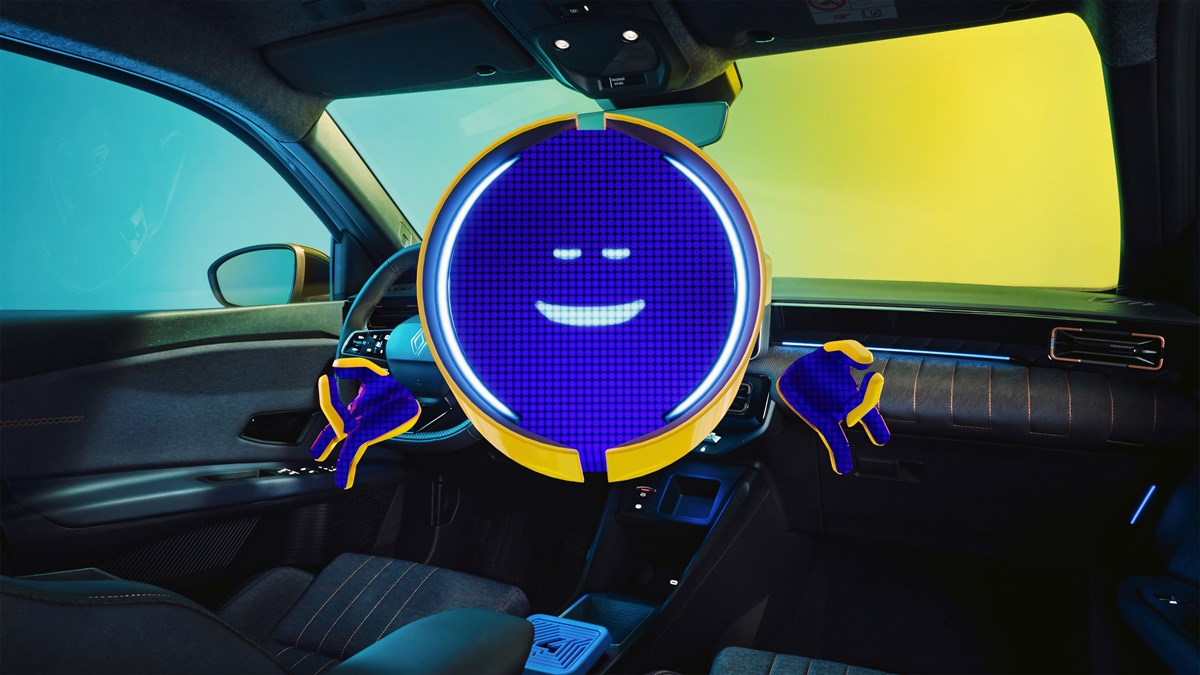 Notranjost Renault 4 E-Tech Electric z volanom, sprednjim sedežem, okroglim digitalnim zaslonom z reno animacijo, ambientno osvetlitvijo in vetrobranskim steklom.