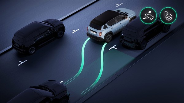 Renault 4 E-Tech Electric med prostoročnim parkiranjem med dvema avtomobiloma, z zelenimi smernimi črtami in ikonama volana ter parkiranja.