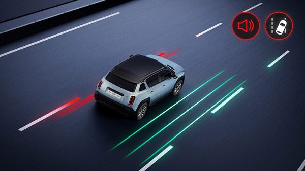 Renault 4 E-Tech Electric pri nenamernem prestopu voznega pasu zaznava rdeče opozorilne črte ob označbah pasu in ikono alarma.