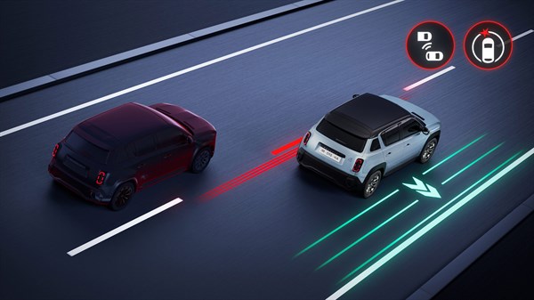 Renault 4 E-Tech Electric med vožnjo zaznava vozilo v mrtvem kotu ob stranskem vratih z rdečimi senzor­skimi žarki in ikono opozorila.
