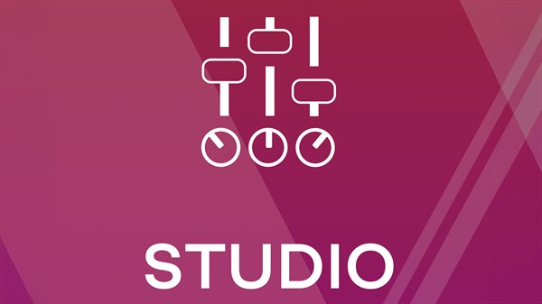 Grafika z belimi ikonami drsnikov in gumbov mešalne konzole ter napisom “STUDIO” na rožnato-vijoličnem ozadju.