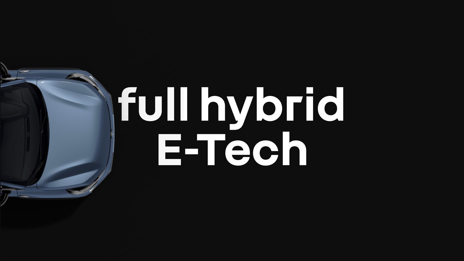 Renault Symbioz v pogledu od zgoraj z napisom 'full hybrid E-Tech' in ikono za predvajanje na sredini.